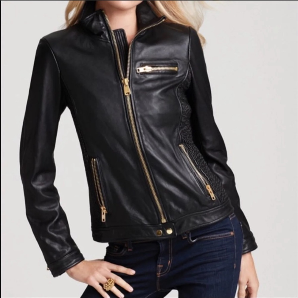 Via Spiga Women's Black Gold Zip Leather Jacket